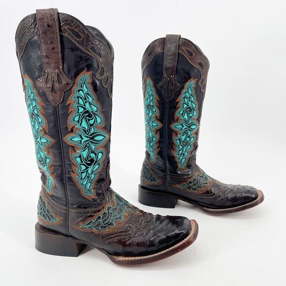 Lucchese Brown Black Turquoise Amberlyn Full Quill Ostrich Cowgirl Boot size 6.5 - Picture 1 of 11